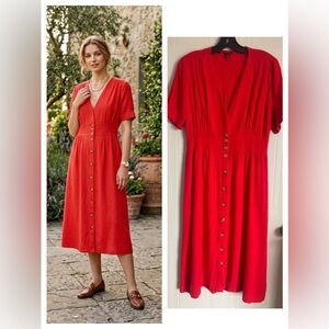 Red Linen Blend Midi Dress M Button Front V Neck Vintage Feminine Classic Summer
